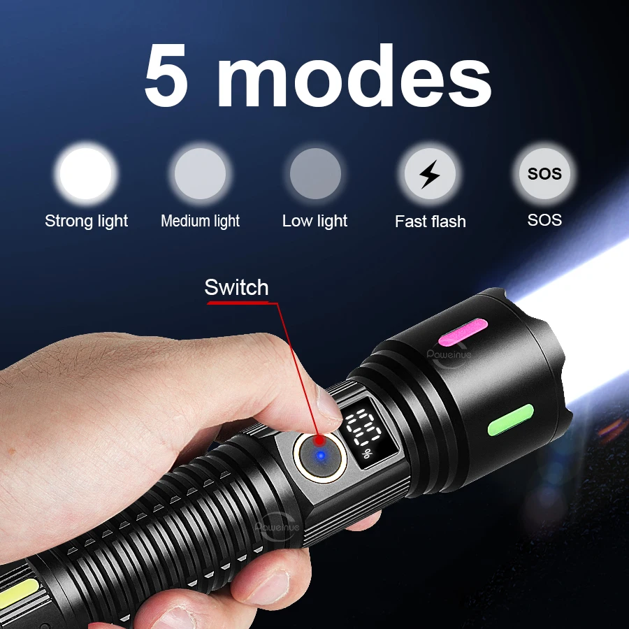 Most Powerful Led Flashlights USB Rechargeable Flashlight Emergency Spotlights Long Range Tactical Torch Camping Hunting Lantern