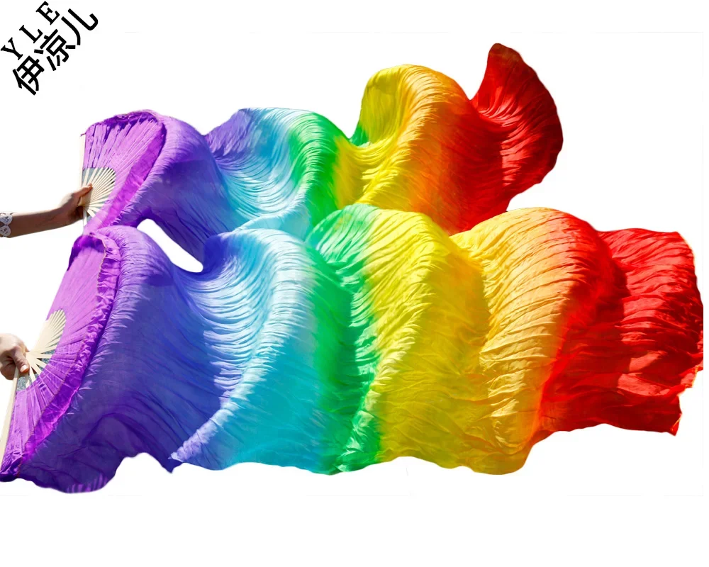 

Женские высококачественные китайские танцы из натурального шелка, вуаль для танца живота, длинные веера для танца живота, 1 пара, веера из натурального шелка для танца живота, цвет радуги