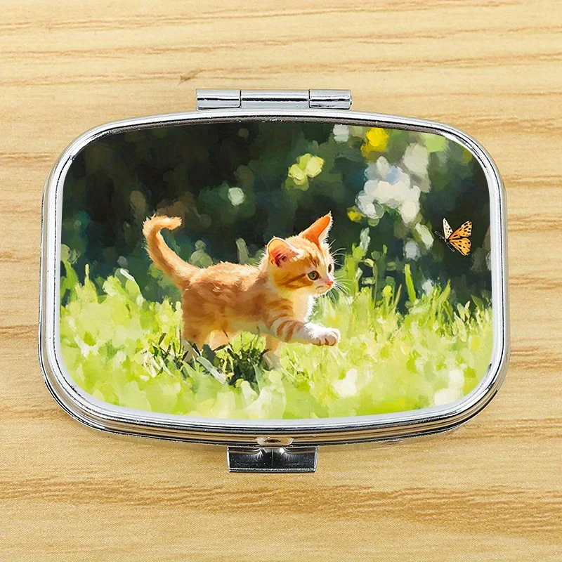Little Cat 97 Novelty Pattern Square Metal Pill Box with Two Compartments, Small Portable Pill Box Suitable for Outdoor Activities or as a Personal Pill Organizer for Bags, the Printed Area May Vary