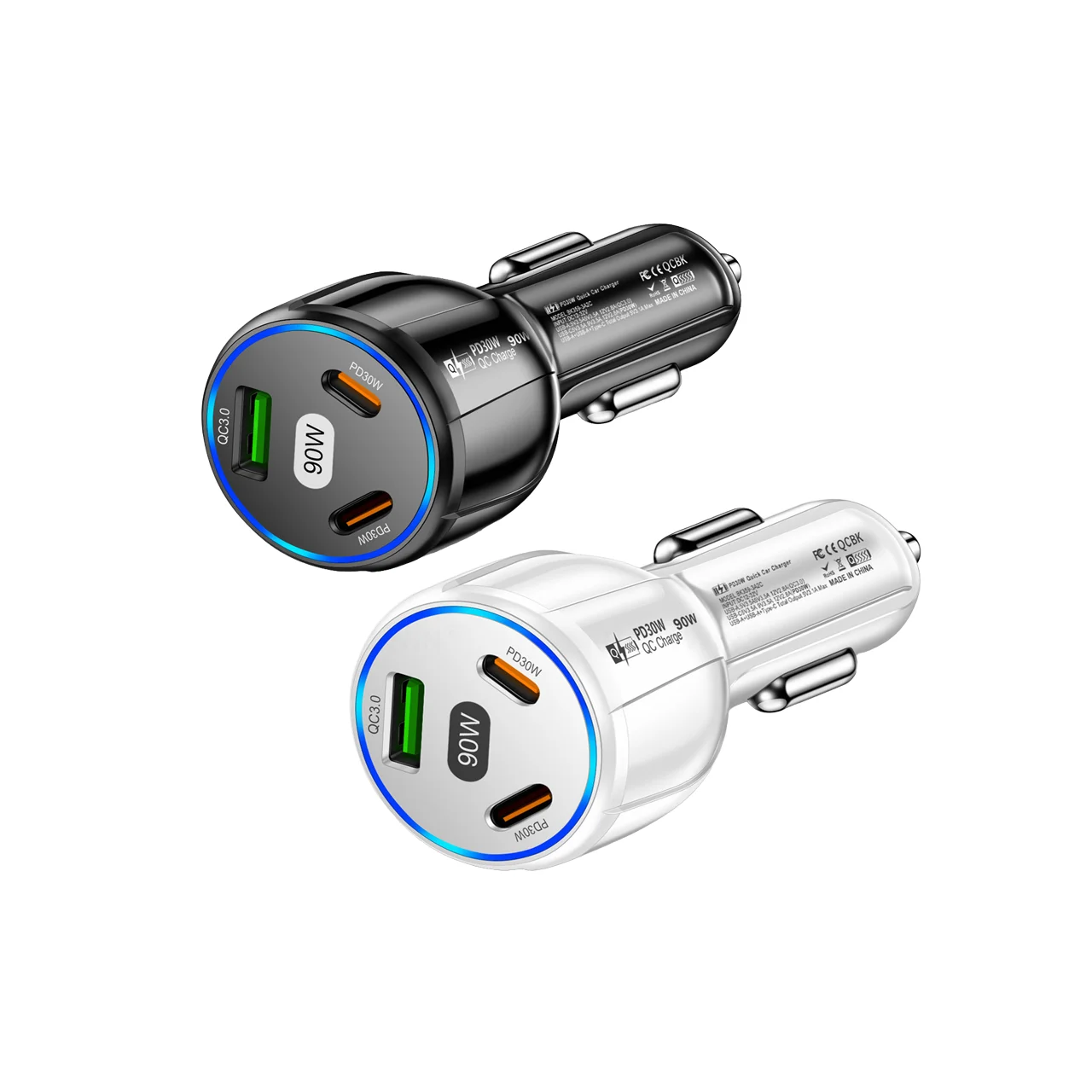 

3-in-1 Dual Line Car Charger 90W Quick Charge One Tow Three 1USB+2PD Car Phone Charger