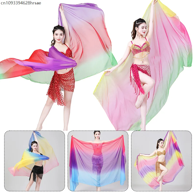 Women Belly Dance Silk Veils Gradient Hand Thrown Scarf Shawl 220/250cm Silk Veil Shawls Dance Stage Performance Props
