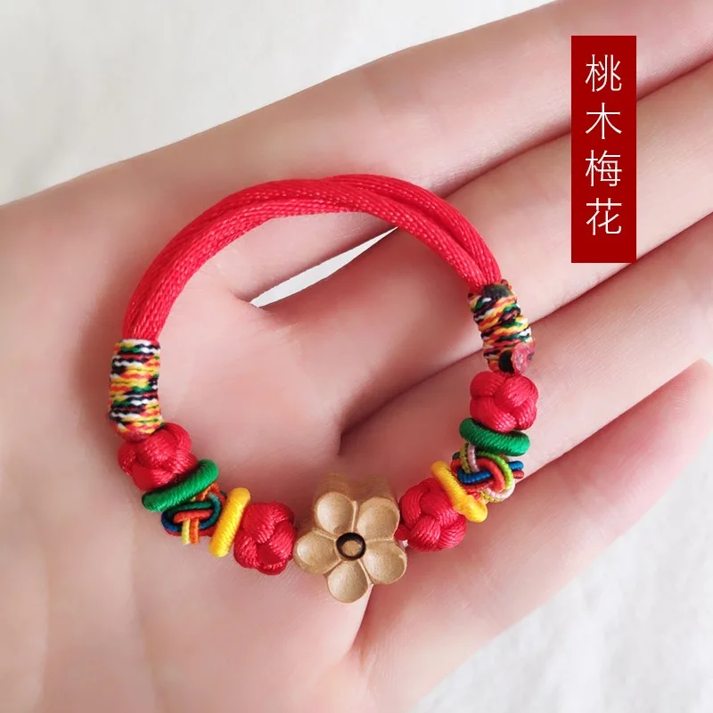 

Детский браслет из персикового дерева с красной нитью и подвеской в виде цветка персика, регулируемый защитный талисман для младенцев и детей, подарок