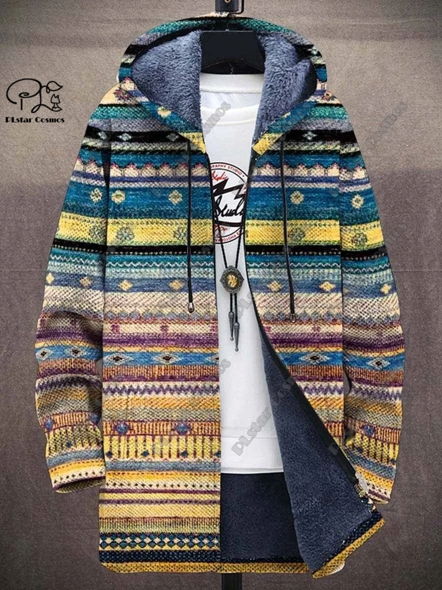 3D printed new winter hooded unisex retro geometric gradient art pattern plush thickened long-sleeved casual warm jacket DY-1