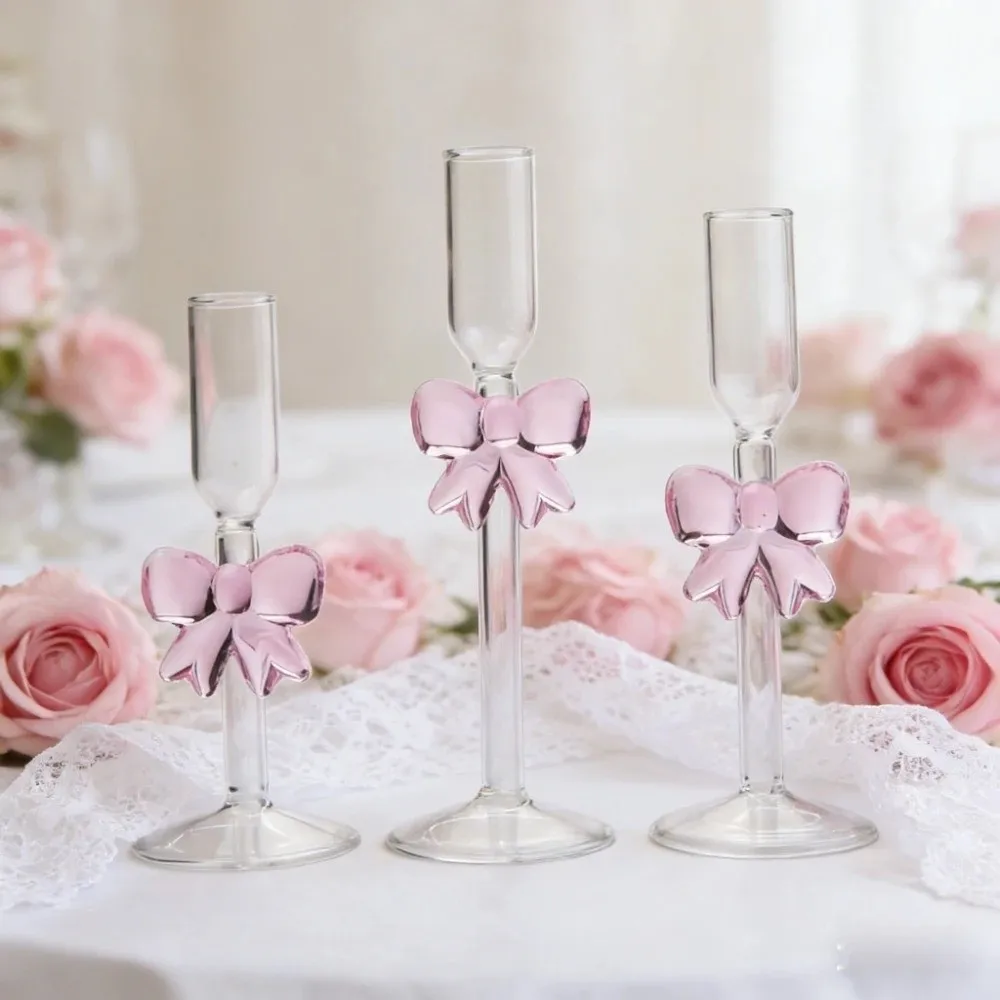 Exquisite Romantic Bow Candle Holder Non-slip Transparent High Footed Candlestick INS Unique Glass Candles Stand Gift