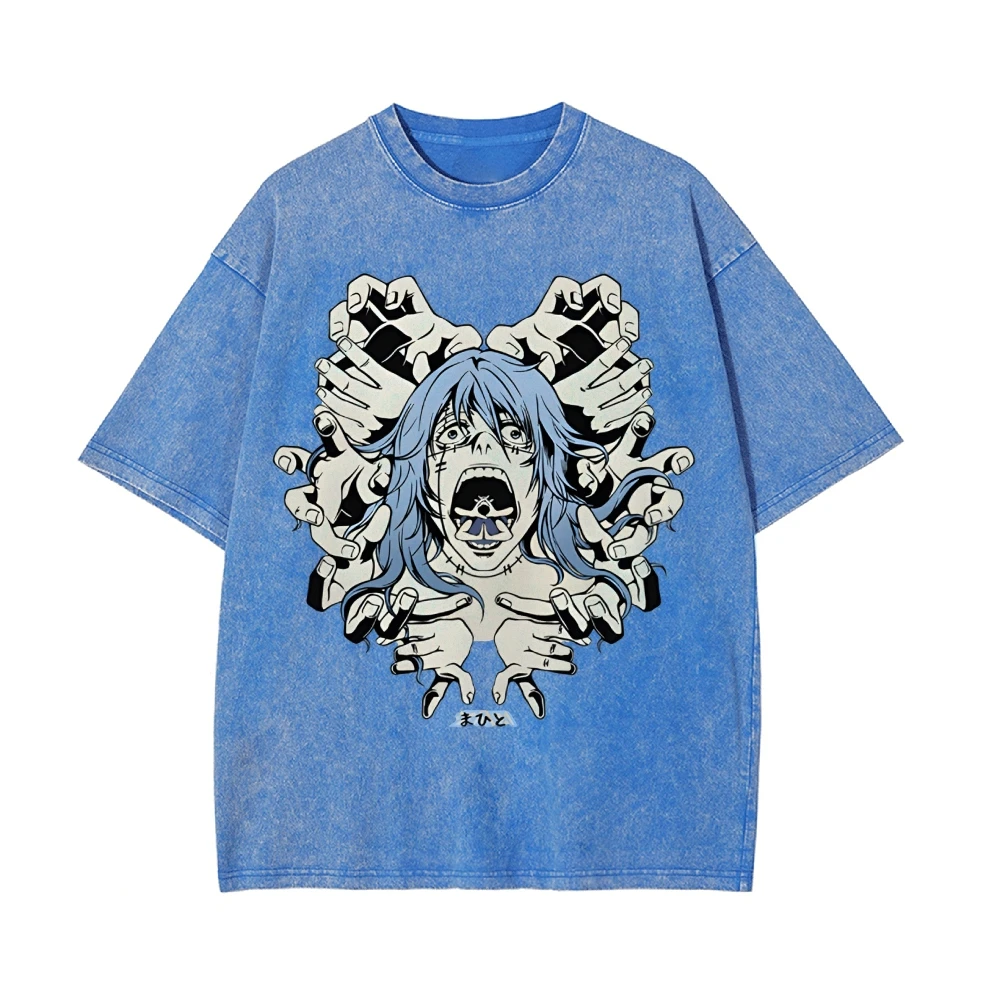 Japanese Style T-Shirt Hand-Painted Animation Multi-Hand Avatar Printing Retro Trend Round Neck Loose Shoulder New Short Sleeves