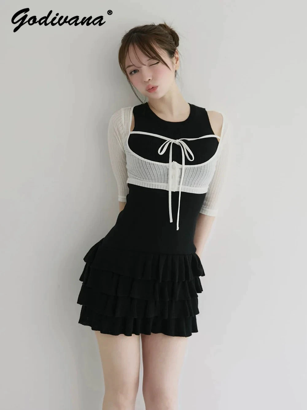 

Japanese Style Women's Sweet Sleeveless Cake Dress Half Sleeve Knitted Cardigan Two-piece Female Casual Dress Set