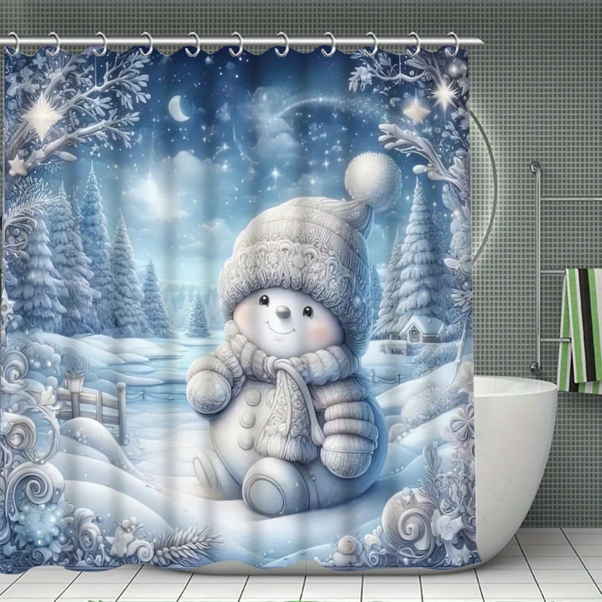 4Pcs Xmas Snowman Cartoon Bath Set,Waterproof Curtain,12 Hooks,Non-Slip Mat,Toilet & U-Shaped Cover, Modern Bathroom Accessories