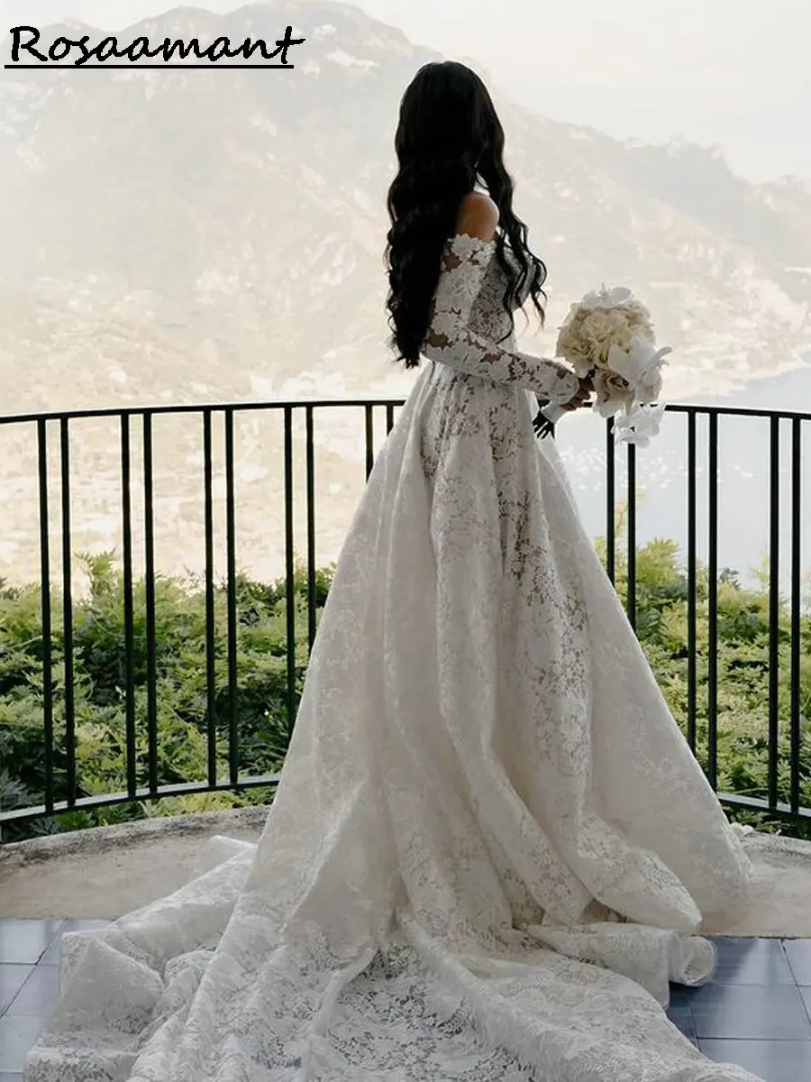 Elegant Long Sleeve A-Line Wedding Dresses Off The Shoulder Appliques Lace Customized Country Bridal Gowns