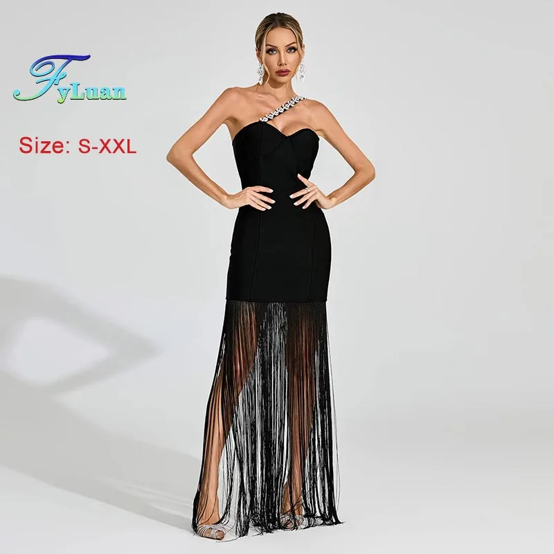 2025年新作ファッション レディース服 セクシー ホット ラインストーン ショルダーストラップ ドレス ブラック タッセル スリム ミニドレス ボディコン イブニングドレス