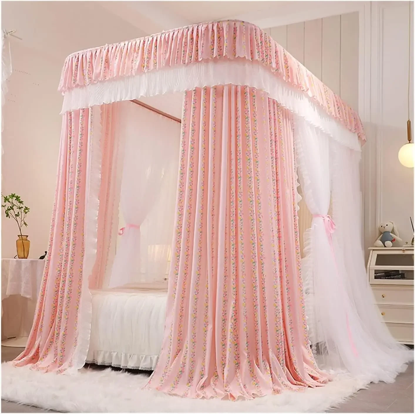 Bed Canopy Summer Mosquito Net 1.5m/5ft, U-Shaped Metal Rail Bed Canopy, Floor-to-Ceiling Bed Curtain for Girls Room Decoration