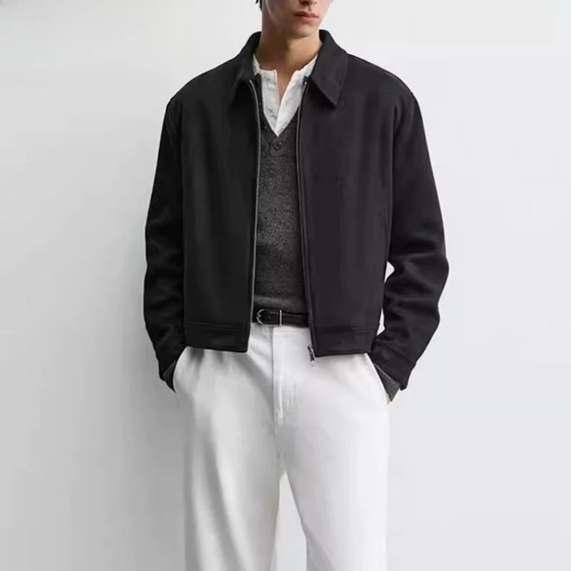 

Новая мужская короткая велюровая куртка весна 2026 с текстурой под кожу, на молнии, с длинными рукавами, стандартный крой, однотонная