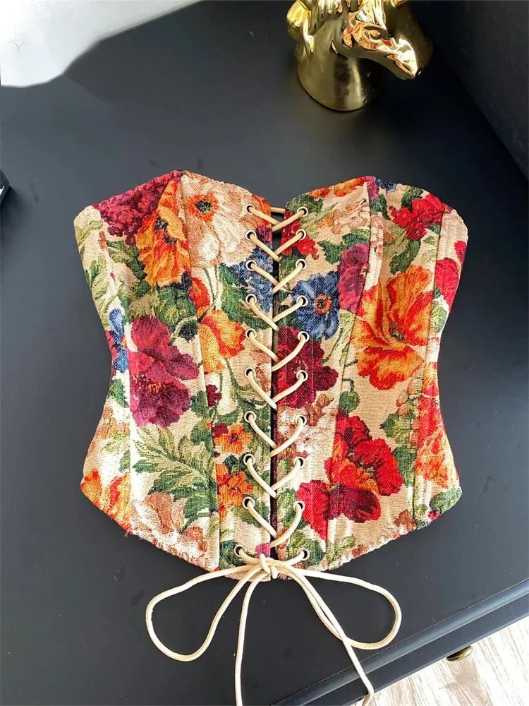 Strapless Embroidery Corset Top Ladies Bodycon Zipper Lace Up Backless Tank Tops Summer Bohemian Floral Vacation Camis