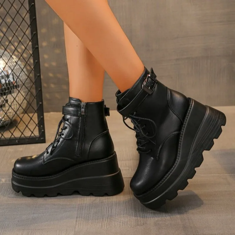 

2024 NEW Punk Style Women Shoes Lace-up heel height 9CM Platform Shoes Woman Gothic Ankle Rock Boots Metal Decor Woman Sneakers