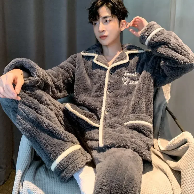 Pyjama Men Warm Winter Sleepwear Thickened Embroidery Pajama Set Flannel Autumn Nightwear Soft Long Sleeve Long Pants Oversized