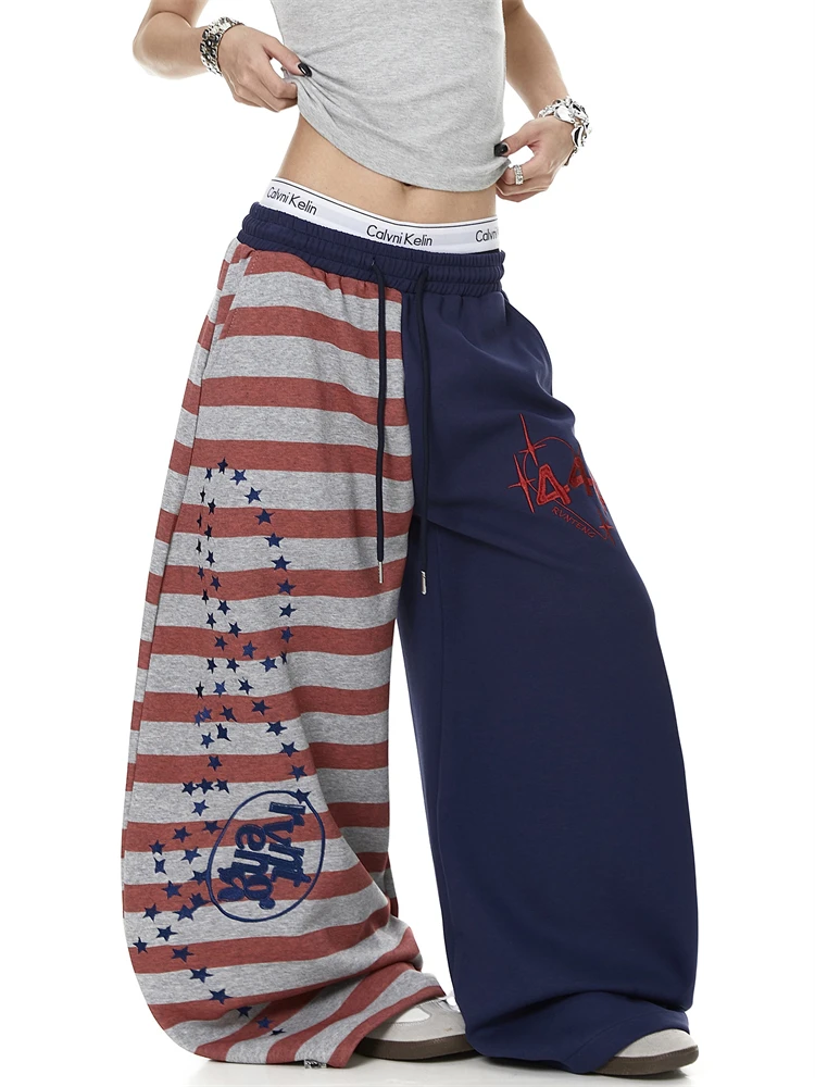 Women's Contrast Striped Patchwork Sweatpants Y2k Unisex Street Casual Retro Bottoms High Waist Trousers Female Wide Leg Pants