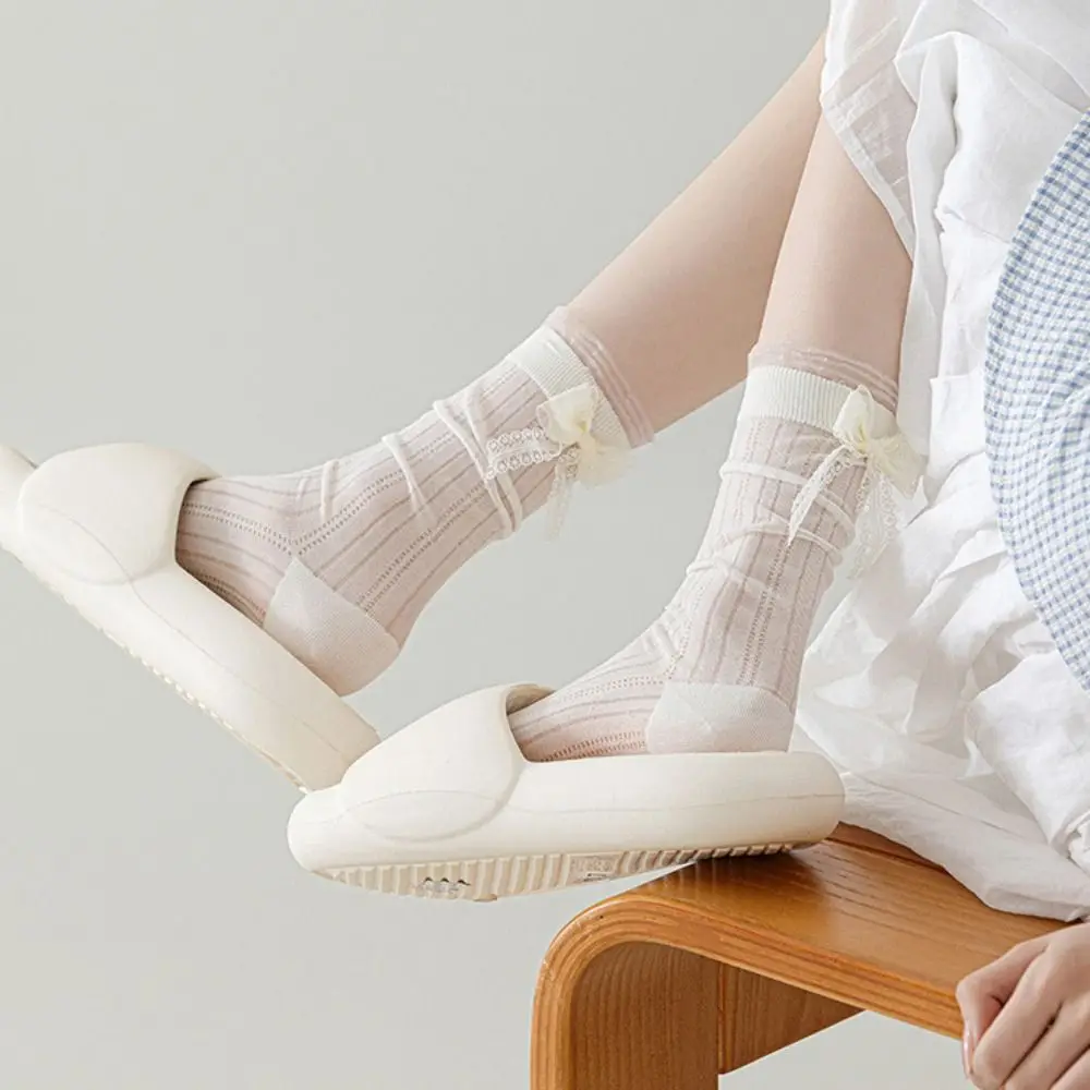 

3Pairs Fashion Ruffle Mesh Bowknot Socks Breathable Ballet Style Mid Tube Socks Lolita Female Hosiery Sweet Socks Women Lady