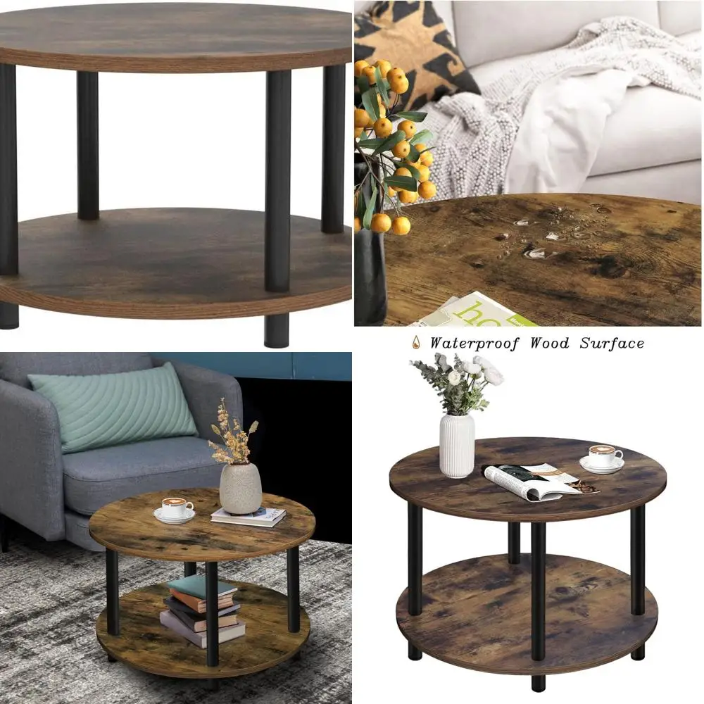 コンパクトな23.5インチの2段木製コーヒーテーブル、小スペース用の収納付き、素朴なブラウン、金属脚、簡単な組み立て