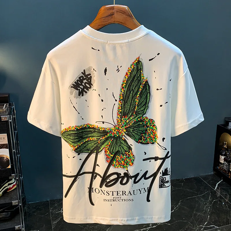 

Fashion painted short sleeve T-shirt men's summer thin butterfly print embroidered high-end affordable luxury half sleeve top