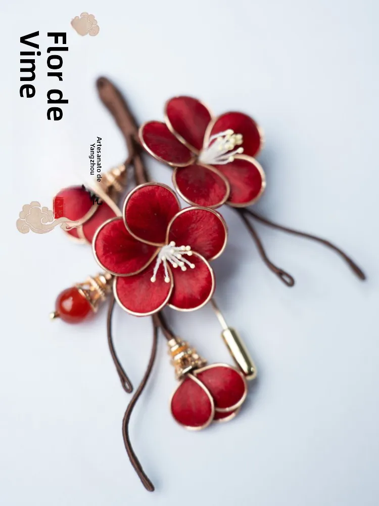 yuzhou-velvet-plum-blossom-qiyong-silk-handmade-traditional-heritage-daily-versatile-hairpin-red-plum-ornament
