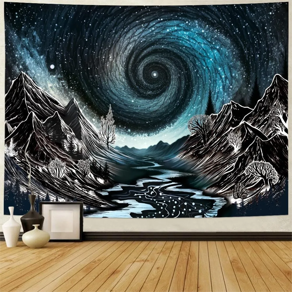 Black and White Mountain Tapestry Trippy Galaxy Stars Wall Hanging for Bedroom Nature Landscape Decor