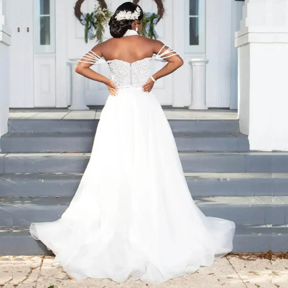 Charming Off The Shoulder Wedding Dresses With Pearls Tassels High Slit Aso Ebi Bridal Dress Custom Made Wedding Reception Dress