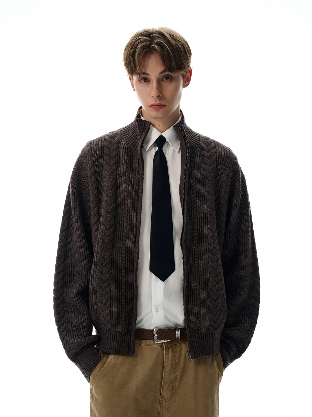 

American Retro Zipper Collar Knitted Sweater Car Coat Men's Autumn Winter Simple Match Loose Fit Casual Sle Polyester Fiber