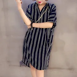 Plus Size Loose Fit 3XL Striped Dress Women's V-Neck Fashion Short Sleeve Dress Beach Style Breathable Cotton For Female Summer