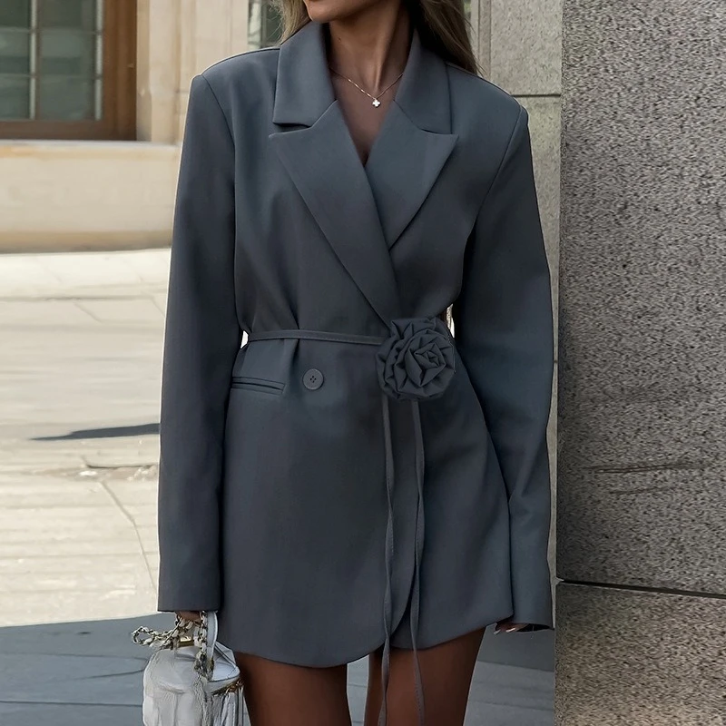 autumn flower Lace Up Blazer Coat Women Elegant Turn-down Collar Long Sleeve Pockets loose Coats Chic Ladies Commute Outerwear