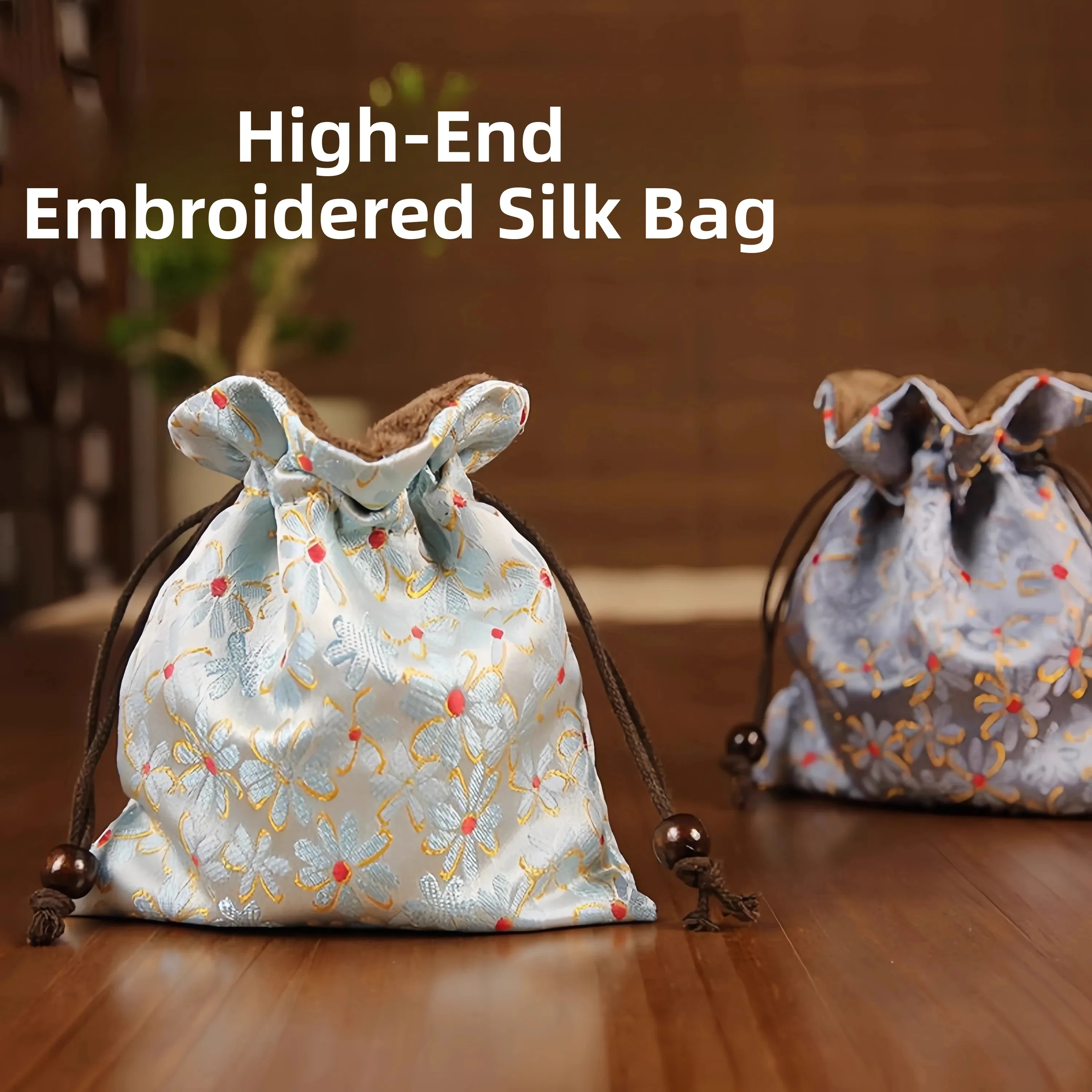 Handmade High-End Embroidered Drawstring Storage Bag Jewelry Bead Bracelet Tea Cup Organizer Pouch with Closure Small Cloth Bag