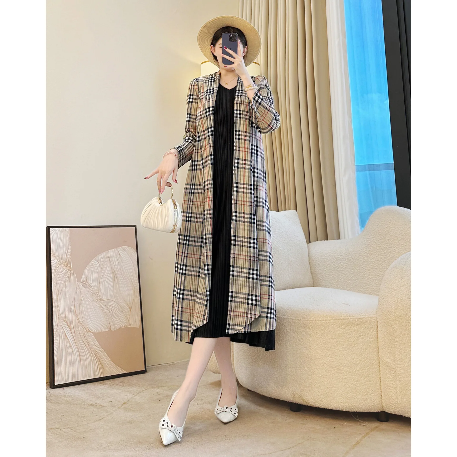 

Miyake Long Plaid Windbreaker Open Plaid Casual Chic Popular Coat Fashion Avant-garde Women's Clothing 2025 Autumn Clothing