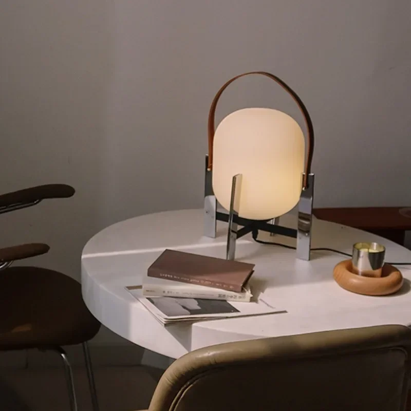 Cole Cestita White Glass Table Lamp Minimalist Leather Portable Lamp for Bedside Living Room Japanese Room Retro Night Lamp