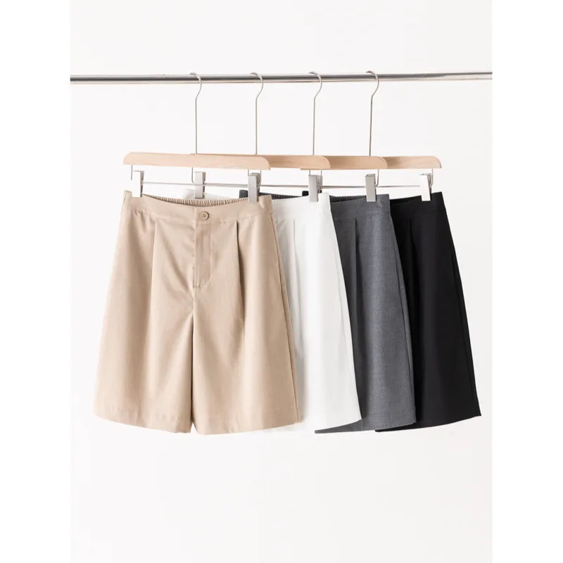 Pantalones cortos de traje de cinco puntos para mujer, pantalones cortos informales rectos sueltos de cintura alta elásticos de verano