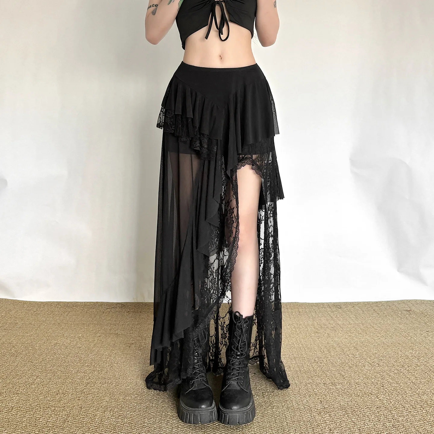 SKMY 2026 Summer New Women's Clothing Fashion Irregular Multi-Layer High Waisted Mesh Patchwork Lace Skirts Sexy Party Clubwear
