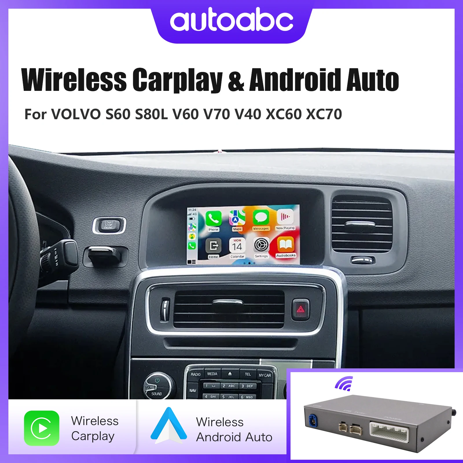Wireless CarPlay Android Auto decoder box for Volvo xc60 s60l v60 v40 s60 with rear view camera support multimedia navigation