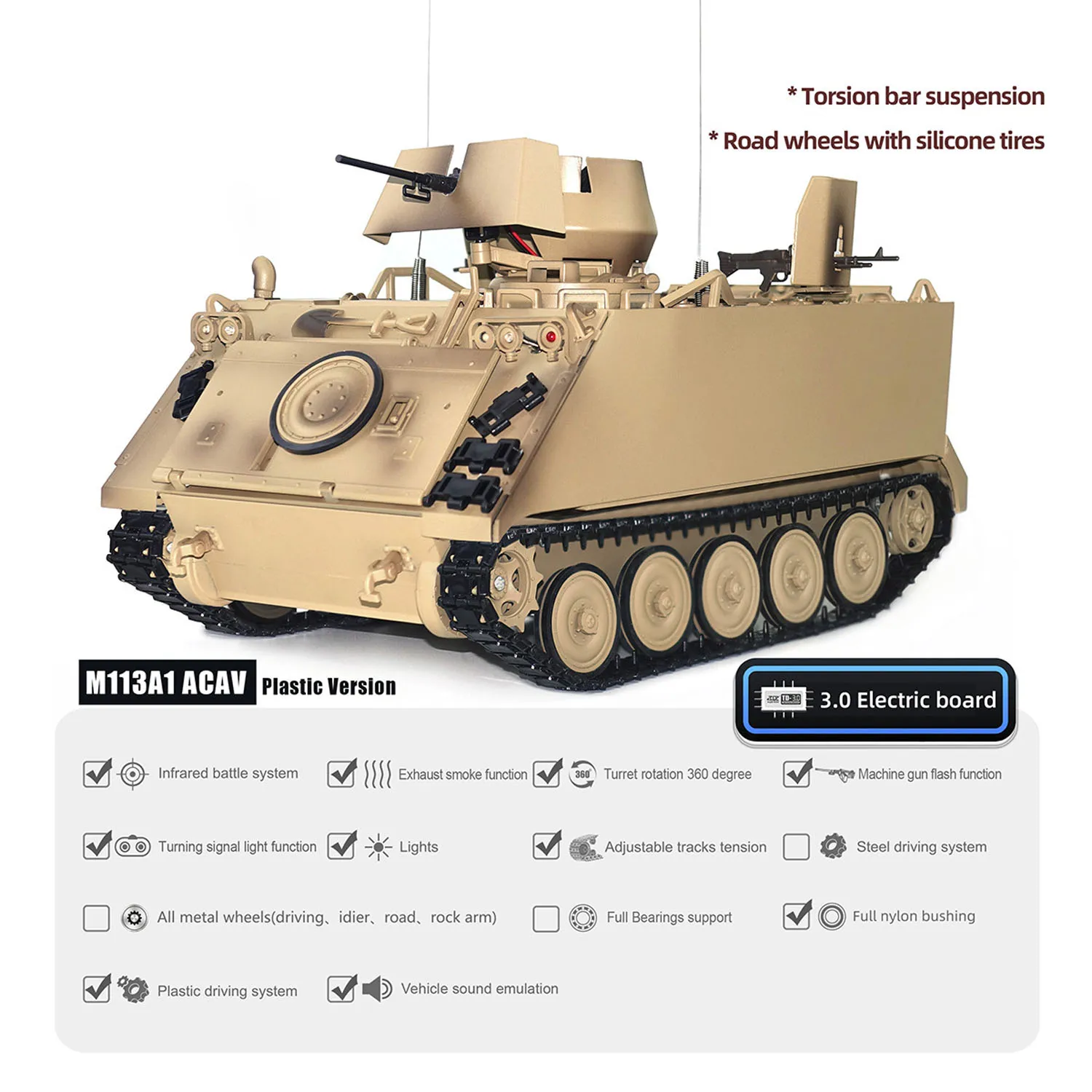 1/16 RTR Tongde RC Tank M2412-B M113A1 ACAV infrarouge 360 tourelle Rotation fumer lumière son radiocommande électrique militaire jouet
