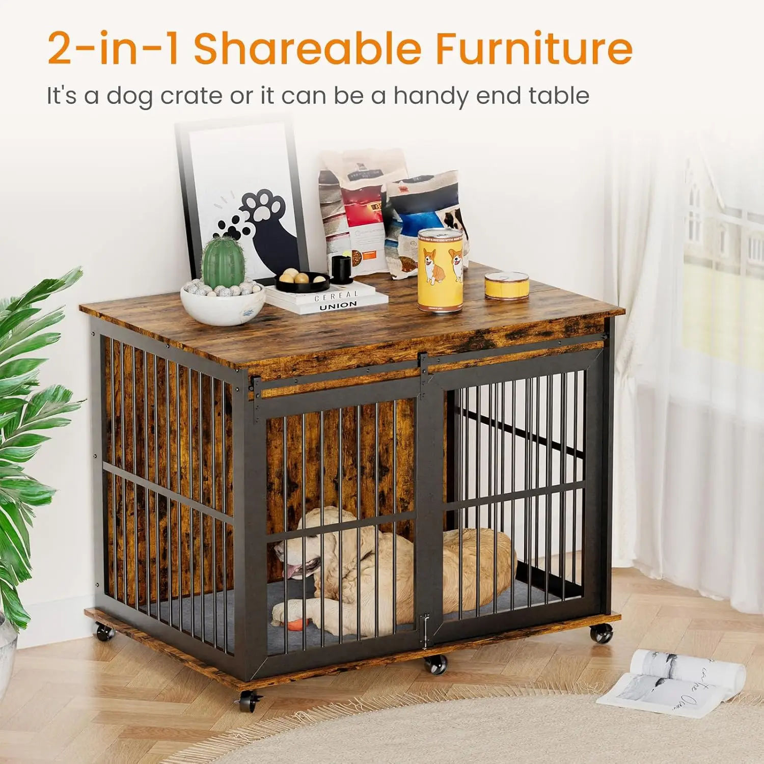 IchbinGo 43.7'' Dog Crate Furniture with Cushion, Heavy Duty Anti-Chewing Dog House with Sliding Barn Door, Flip-top Plate, Indo