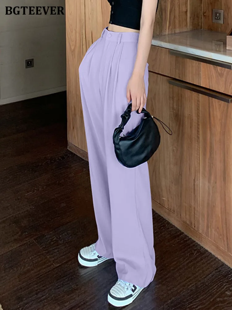 BGTEEVER Sommer Gerade Hosen für Frauen Hohe Taille Einzigen Taste Lose Weibliche Breite Bein Hosen Solide Damen Anzug Hosen