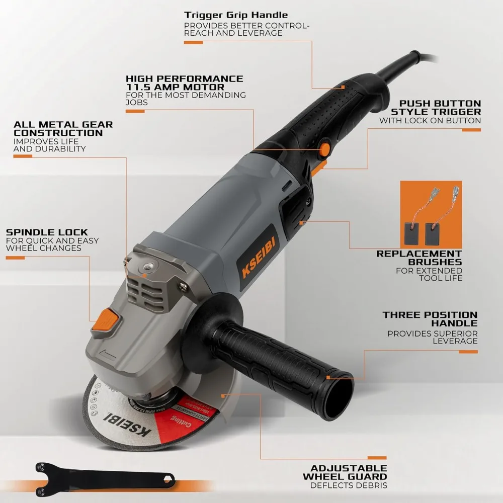 Concrete Angle Grinder Machine 5-Inch, Metal Grinding Tools 11.5Amps (1400 watt) with Safety Guard, Diamond Cup Wheel, Du
