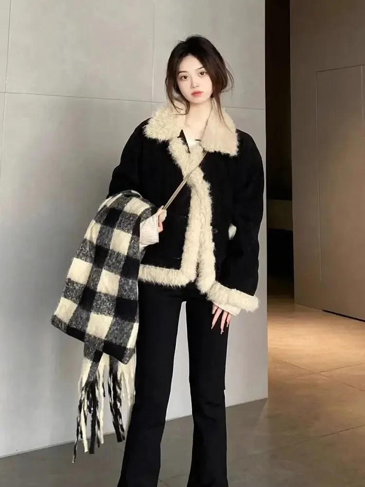 2025 Winter New Lamb Wool Coat For Women Japanese Subcultural Casual Jackets Y2k Aesthetic Grunge Black Corduroy Tops Outercoat