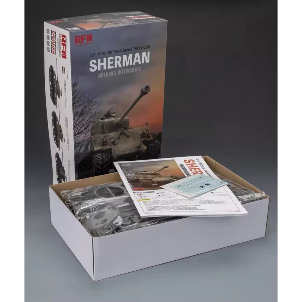 

RyeField 5042 1/35 US M4A3 76W HVSS Sherman Средний бак с подвижным гусеничным и полноценным интерьером, игрушечная пластиковая Сборная модель в комплекте