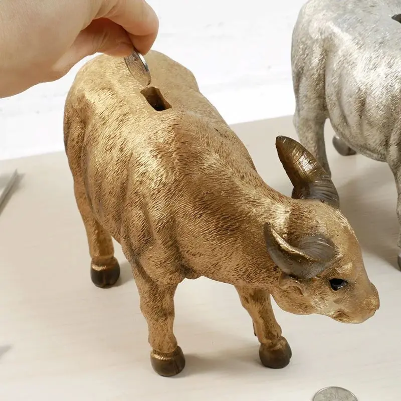 Creative Buffalo Statue Bull Piggy Bank Money Coin Penny Collectible Saving Box Christmas Gift Home Desk Decorative Ornament