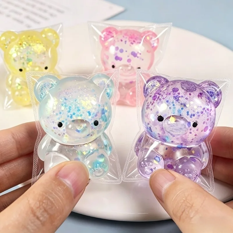 Kawaii Glitter Gummy Bear Squishy Toy Transparent TPR Mochi Squeeze Toy Cute ShinySequins StressRelief FidgetToy Kids Party GIFT