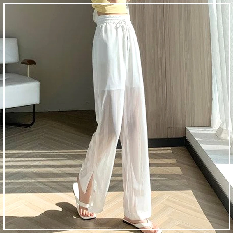 

Ice Silk Women's Summer Thin 2024 New Patchwork Elasticized High-waisted Drawstring Solid Chiffon Split Straight Casual Pants