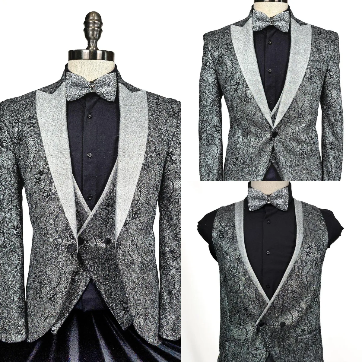 Luxury Silver Shawl Lapel Men's 3 Piece Tuxedo with Metallic Abstract Print Matching Bow Tie Stage Prom Party Custom MadeM264467