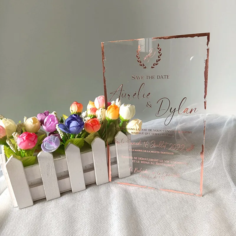 

50pcs Butterfly Rose Gold Silver UV Foil Bronzing Printing Flower Clear Translucent Acrylic Invites Wedding Invitation Cards