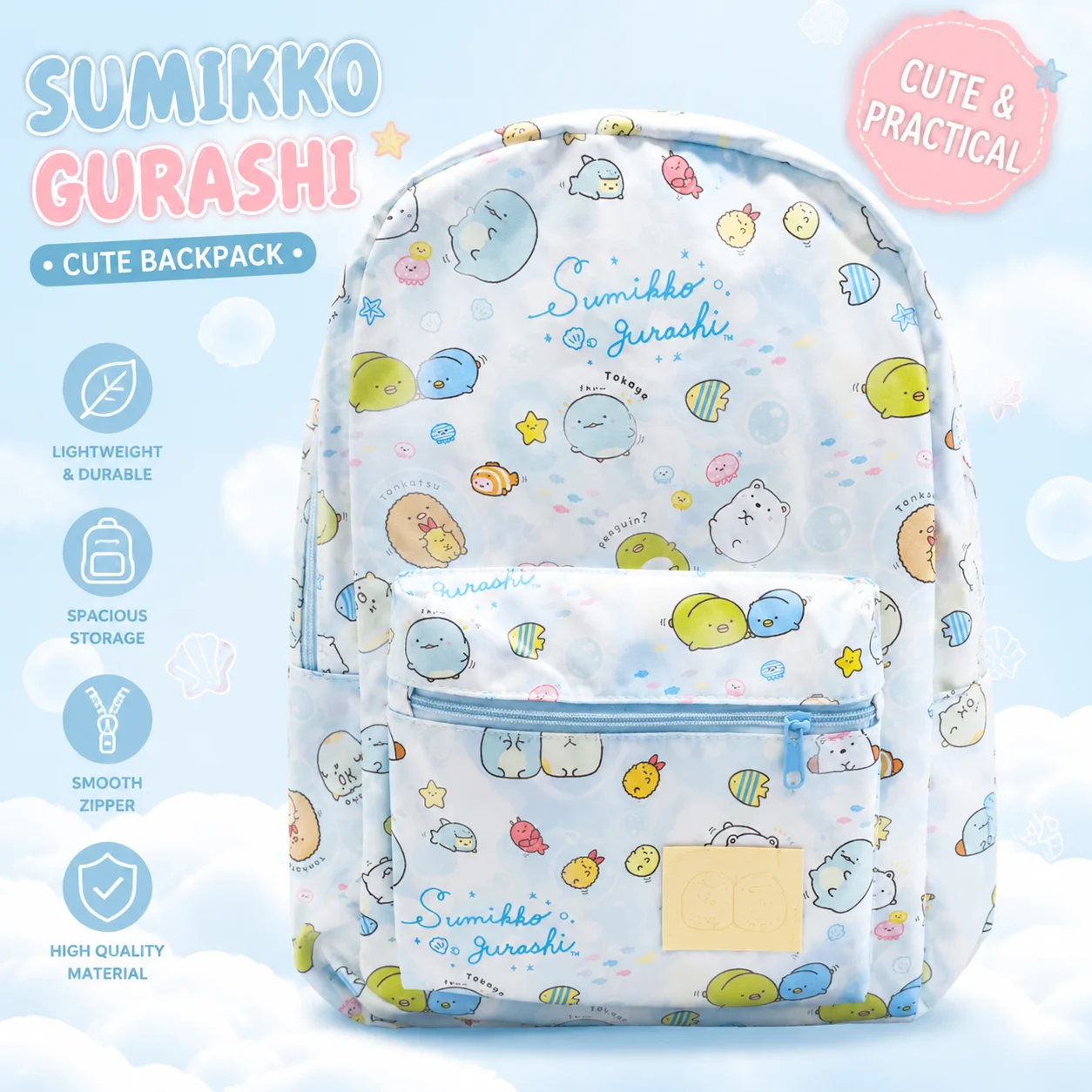 Kawaii Sumikko Gurashi Sea Friends Backpack Lightweight Water-resistant School Bag Cute Tokage Penguin Anime Daypack for Teens
