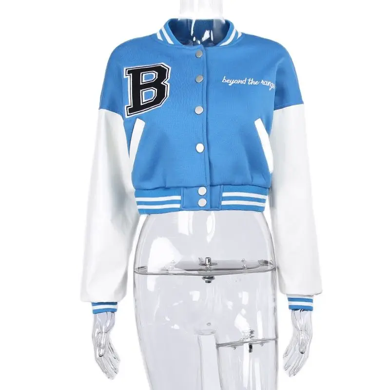 

New Women's Single Breasted SSlim Fit Jacket Pu Sewn Letter B Embroidered Long Sleeved Baseball Uniform Sports