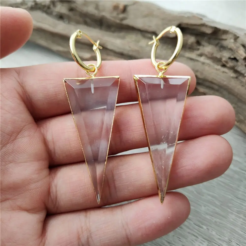 FUWO Natural Crystal Quartz Triangle Shaped Earrings,Gold Color Handmade Transparent Quartz Point Hoop Earring ER429 5Pairs/Lot