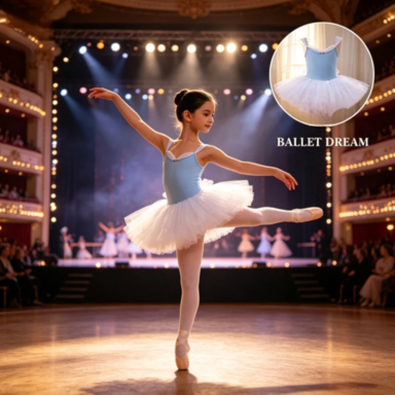 Sleeveless Camisole Dancewear for Kids,Girls' Spring & Summer Ballet Practice & Performance Dress, Light Blue Leotard with Skirt