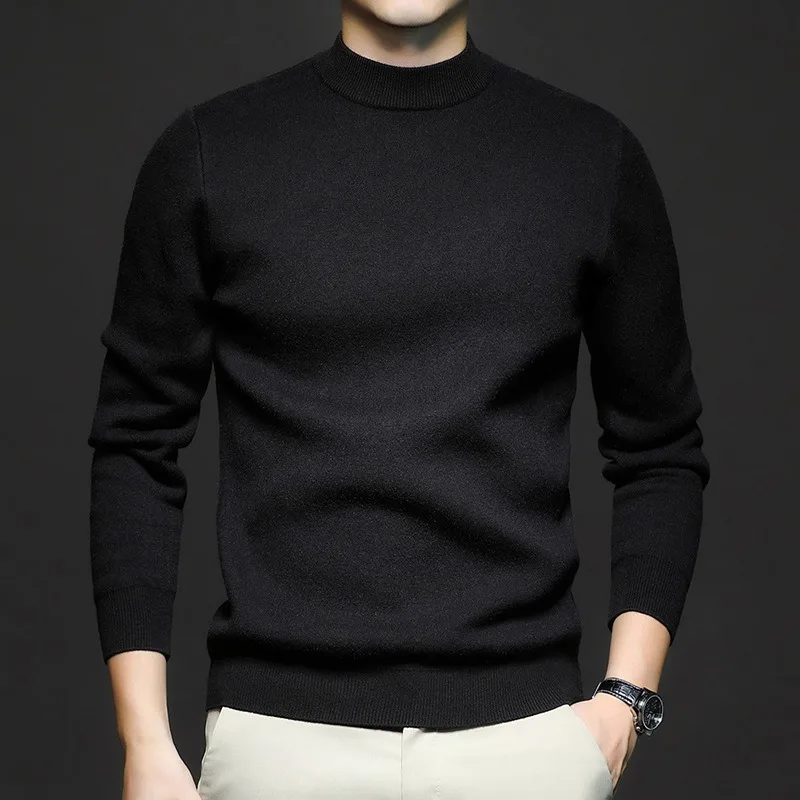 Men Crew Neck Pure Wool Sweater Thick Warm Solid Color Autumn Winter Knit Base Pullover